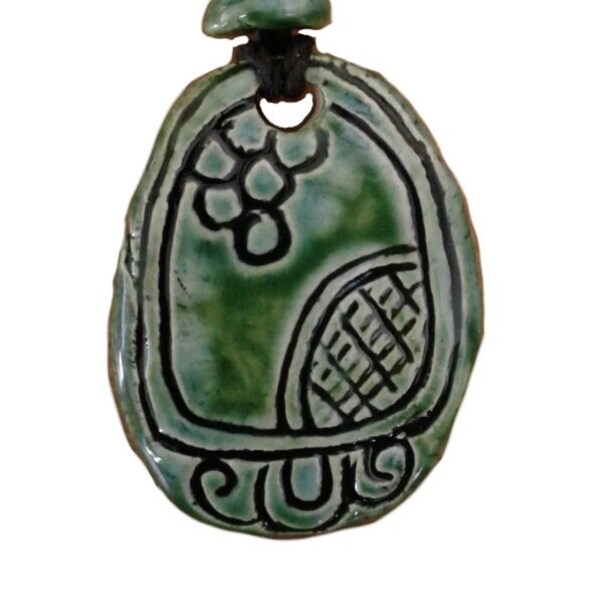 Mayan KAWOQ Necklace Mesoamerican Thunder Glyph Turquoise Green Ceramic Tzolk'in Day Sign Amulet