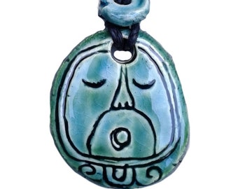 Mayan AHAW Necklace Lord Glyph Mesoamerican Turquoise Green Ceramic Tzolk'in Day Sign Amulet Clay Pendant Aztec Calender Olmec Symbol