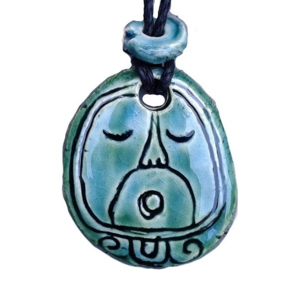 Mayan AHAW Necklace Lord Glyph Mesoamerican Turquoise Green Ceramic Tzolk'in Day Sign Amulet Clay Pendant Aztec Calender Olmec Symbol