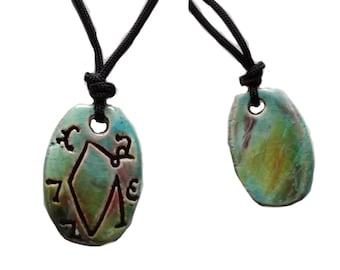 Archangel Uriel Necklace Turquoise Raku Ceramic Angel Pendant Sigil Enochian Amulet