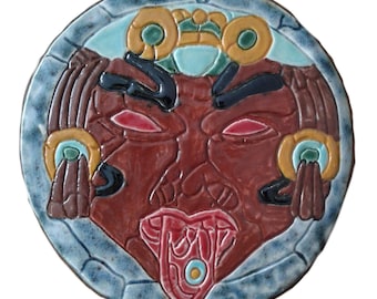 Aztec War Mask Ceramic Tile Decorative Mayan Mesoamerican Warrior Wall Decor