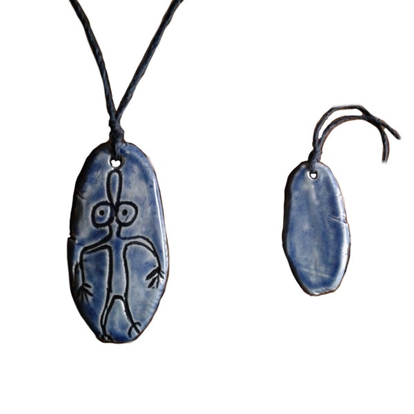 Petroglyph Necklace Blue Ceramic Pendant Native American Rock Drawings .2