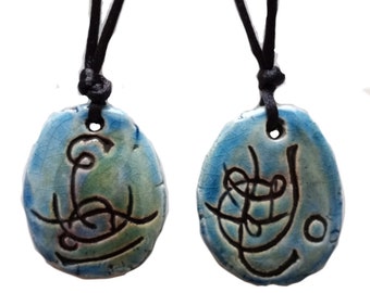 Twin Flame Atlantean Necklaces Blue Raku Ceramic Pendants Sigil Eternal Love Amulets