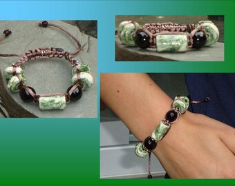 Black Onyx Bracelet with Green Ceramic Beads Handmade Bali Tibetan Shamballa Adjustable Bracelet