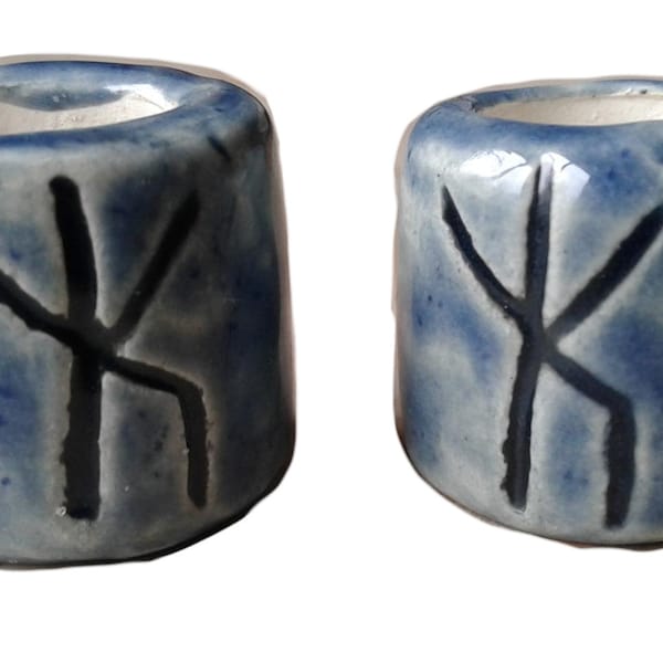 Set 2 Rune Macrame Beads Large Hole Blue Ceramic Bind Runes Norse Viking Dread Dreadlocks Beard Beads