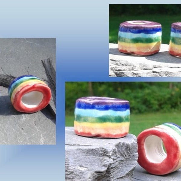 Set 2 Large Hole Rainbow Dread Beads, Ceramic Pottery, Macrame Supplies