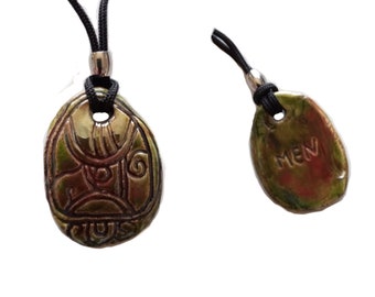 Mayan MEN Necklace Mesoamerican Green Tzolk'in Day Sign Eagle Glyph Raku Ceramic Amulet