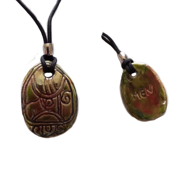 Mayan MEN Necklace Mesoamerican Green Tzolk'in Day Sign Eagle Glyph Raku Ceramic Amulet