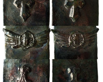 Sets 2 Celtic Cross, Mjolnir Thor's Hammer, Winged Scarab Ceramic Tiles 3 x 3 Decorative Wall Art