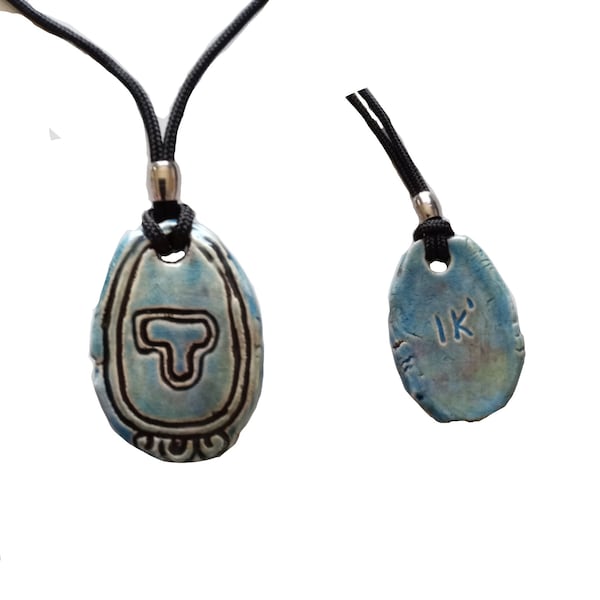 Mayan IK Necklace Tzolk'in Day Sign Glyph WIND Raku Ceramic Amulet Blue Pendant