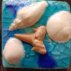 May include: Square mosaic art piece featuring seashells, a shark tooth, and blue and turquoise glass. The seashells are off-white, and the shark tooth is a light brown color. The glass is arranged to resemble water.