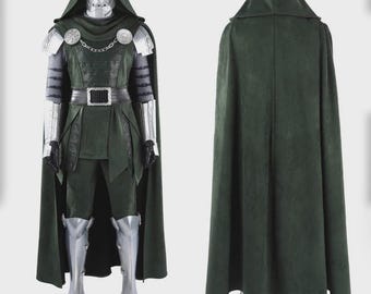 Disfraz de Doctor Doom para cosplay, máscara metálica, capa verde con capucha, talla personalizada.