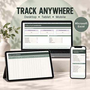 May include: A digital cycle tracking dashboard displayed on a laptop, tablet, and smartphone. The screens show Microsoft Excel spreadsheets titled Your Cycle Dashboard, Daily Cycle Check-In, and Appointment Summary with various data entry fields.