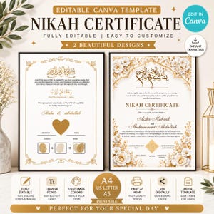 May include: Two editable Nikah certificate templates featuring gold floral borders, Arabic calligraphy, and placeholders for names, dates, and fingerprints. The designs include text fields for groom and bride details, printed on A4, US Letter, and A5 sizes.