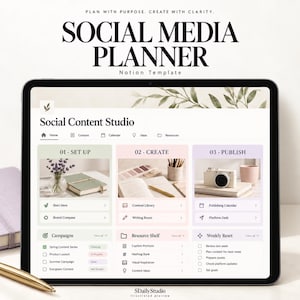 May include: A digital social media planner Notion template displayed on a tablet screen. The interface features sections titled Social Content Studio, Set Up, Create, and Publish, with pastel-colored boxes, icons, and text lists for content management.