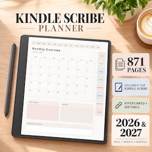 May include: A Kindle Scribe digital planner featuring a monthly calendar for January 2026, a stylus, and informational text boxes stating 871 pages, designed for Kindle Scribe, hyperlinked and writable, and coverage for 2026 and 2027 daily, weekly, and monthly.