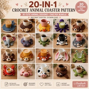 May include: A digital PDF bundle featuring 20 crochet animal coaster patterns. The image displays 20 finished coasters shaped like various animals, including a whale, hedgehog, duck, octopus, bear, elephant, hippo, turtle, panda, cat, tiger, rabbit, frog, crab, pig, cow, and otter, each holding a mug.