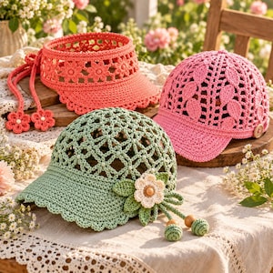 May include: Three crocheted hats and visors in coral, pink, and sage green. The coral visor features a floral pattern and dangling flower ties. The pink cap has a leaf-like openwork design. The sage green cap includes a large flower applique.