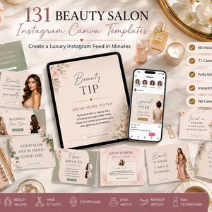 Canva-Vorlagen für Schönheitssalons | 131 Instagram-Vorlagen | 60 Beiträge + 71 Instagram-Karussells | Branding-Kit für Spa, Friseursalon & Wimpernverlängerung