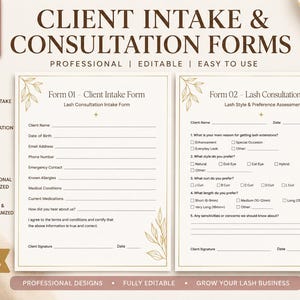 May include: Two white paper forms titled Client Intake Form and Lash Consultation Form with gold leaf illustrations. The forms include fields for client name, date, and lash preferences. A gold pen with a diamond topper sits to the right.