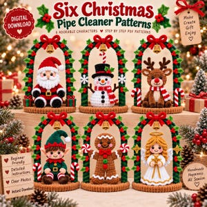 Könnte beinhalten: Sechs weihnachtliche Pfeifenreiniger-Muster mit gehäkelten Figuren: Weihnachtsmann, Schneemann, Rentier, Elf, Lebkuchenmann und Engel. Jede Figur sitzt unter einem grünen Bogen, der mit roten Beeren und einer goldenen Glocke verziert ist.
