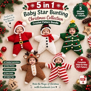5 in 1 Christmas Baby Star Bunting Crochet Pattern PDF, 5 Star Hooded Baby Blanket Patterns, Newborn gift Sleep Sack Crochet Baby Blanket