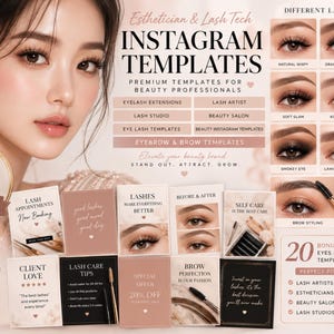 100種類の美しいまつげ技術者向けCanvaテンプレート、20種類のエステティシャン向けボーナス眉毛Instagramテンプレート、ビューティーサロンブランディングキットInstagramカルーセル