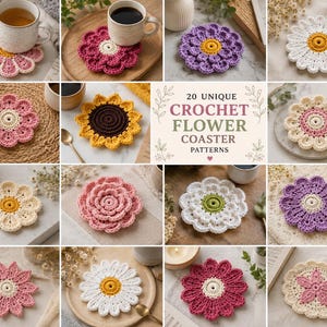 Può includere: Una collezione di 20 schemi per sottobicchieri all'uncinetto a forma di fiore disposti in una griglia. Ogni sottobicchiere presenta un design floreale unico con varie combinazioni di colori tra cui rosa, giallo, bianco, viola e crema. Il testo centrale recita 20 UNIQUE CROCHET FLOWER COASTER PATTERNS.