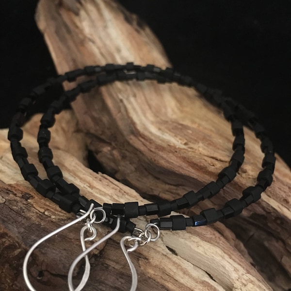 Black Beaded Glass Cubed Hoop Earrings