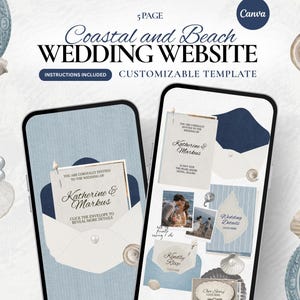Puede incluir: Una plantilla personalizable de 5 páginas para sitio web de bodas en la playa y la costa para Canva. La pantalla digital muestra diseños de invitaciones de boda con sobres azul marino, detalles de perlas y texto con Katherine y Markus en azul.