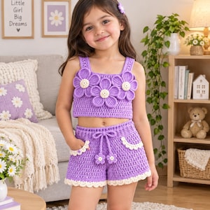 Könnte beinhalten: Ein zweiteiliges Häkelset in Lila, bestehend aus einem bauchfreien Oberteil und einer Shorts. Das Oberteil ist mit drei großen lila Blumen mit cremefarbenen Mitten verziert. Die Shorts haben einen Kordelzug, cremefarbene Spitzenborten und zwei Taschen.