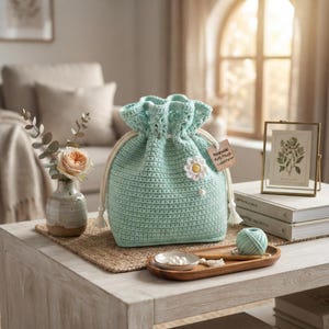May include: A light mint green crochet drawstring pouch featuring a white daisy appliqué and a beige tag with the text Handmade Puff Pouch Crochet Pattern. The bag has a textured stitch pattern, a ruffled top edge, and thick white cord drawstrings.