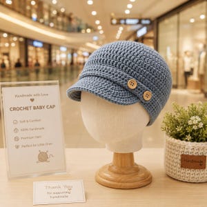 May include: A blue crochet cap with a short brim and two light brown wooden buttons on the side. The cap is displayed on a mannequin head. Next to it is a sign that reads: Handmade with Love, CROCHET BABY CAP, Soft & Comfort, 100% Handmade, Premium Yarn, Perfect for Little Ones.
