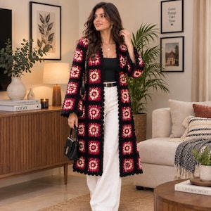 Patrón de abrigo de ganchillo estilo abuela, gabardina bohemia color granate (tutorial en PDF)