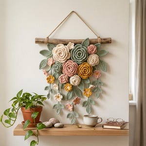 May include: A wall hanging featuring a collection of crocheted flowers and leaves in shades of cream, sage green, dusty pink, and mustard yellow, attached to a horizontal piece of driftwood with a jute twine hanger for display.