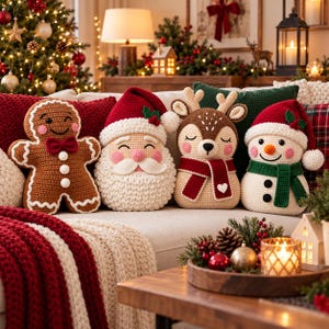 May include: Four crocheted Christmas plush cushions featuring a brown gingerbread person, a Santa Claus with a white beard, a brown reindeer with antlers, and a white snowman with a green scarf, all arranged together on a sofa.
