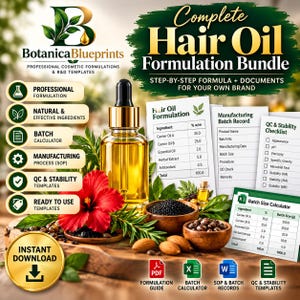 Puede incluir: Un paquete de productos digitales titulado Complete Hair Oil Formulation Bundle que incluye un frasco cuentagotas de vidrio con aceite dorado, una flor de hibisco roja, cuencos de madera con semillas y documentos de formulación.