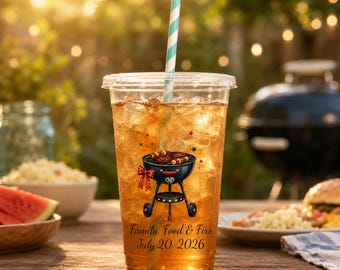 Personalized BBQ Cups, Custom Summer Grill Party Drinkware, Family Food & Fire Design Clear Cups for Backyard BBQ and Outdoor Events