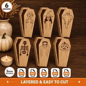 May include: Six wooden coffin-shaped decorations featuring laser-engraved Halloween designs including a zombie, witch, ghost, skeleton, Frankenstein-style monster, and jack-o'-lantern. The set includes digital file formats SVG, DXF, PDF, EPS, and DWG.