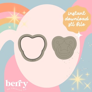 May include: A gray 3D printed cookie cutter and a matching stamp featuring a pacifier design with a central star motif. The text "instant download stl file" is visible in the upper right corner, and the text "berry 3D creative co" is at the bottom.