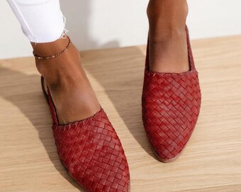 Plecione skórzane płaskie buty z noskiem w szpic, ręcznie tkane boho, wsuwane letnie buty