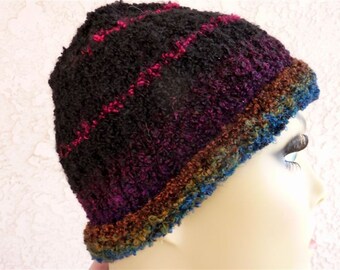 Boucle rainbow hat with rolled edge hand knitted