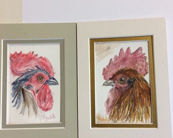 Two Watercolor roosters