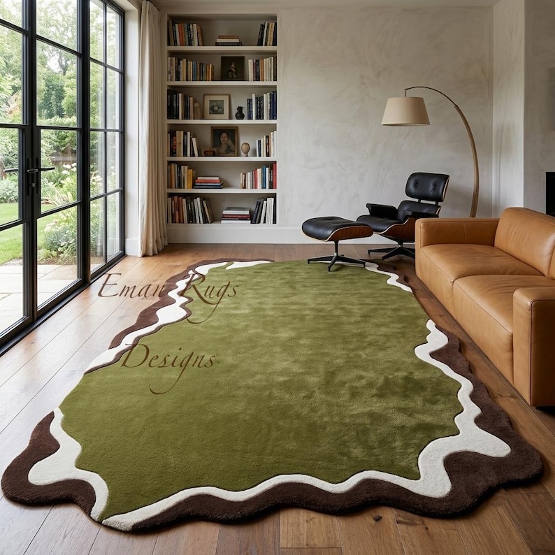 Wavy Edged Rug Green Rugs Olive Field Cream Wavy Border Brown Irregular Shape Modern ...