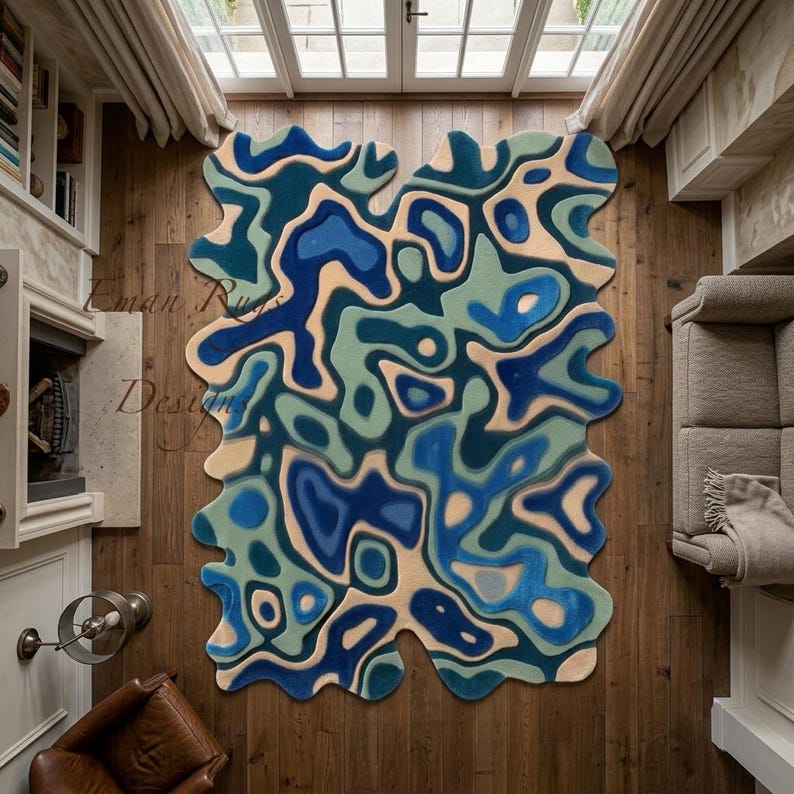 Topography Rug Pattern Abstract Rug Blue Teal Organic Waves Irregular Shape Graphic Maximalist ...