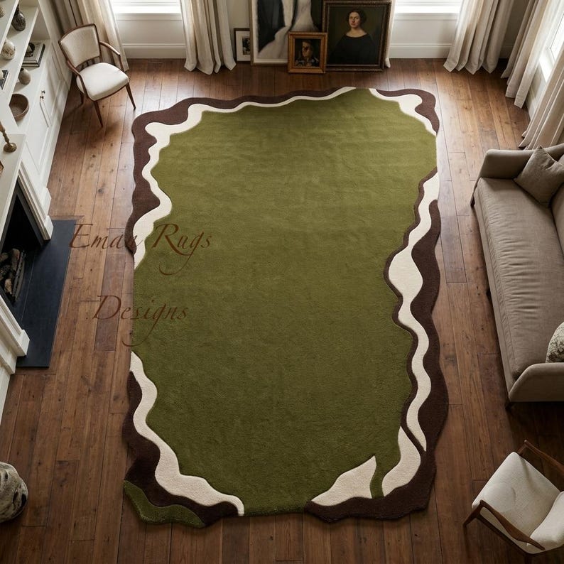 Wavy Edged Rug Green Rugs Olive Field Cream Wavy Border Brown Irregular Shape Modern ...