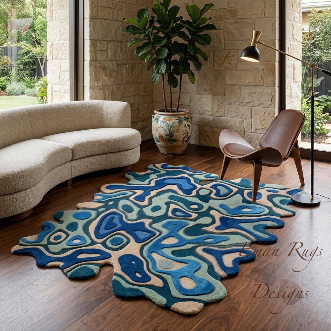 Abstract Rug Blue Teal Organic Waves Irregular Shape Graphic Maximalist ...