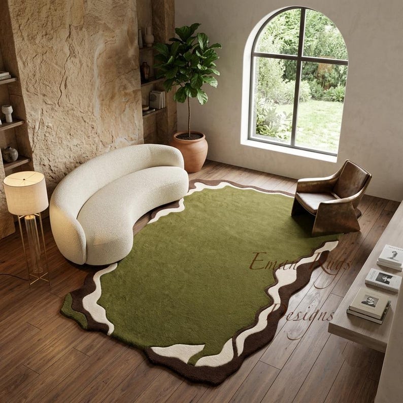 Wavy Edged Rug Green Rugs Olive Field Cream Wavy Border Brown Irregular Shape Modern ...