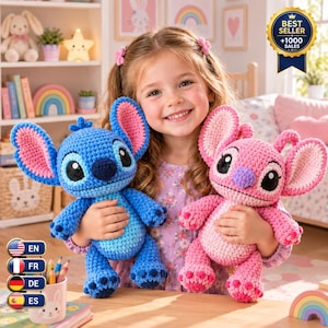 Stitch And Angale Amigurumi Virkmönster PDF: Blå Alien Plush Engelska, tyska, franska, spanska