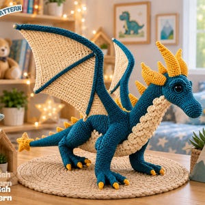 May include: A crocheted dragon toy featuring a deep blue body, cream-colored underbelly and wing membranes, and bright yellow horns, claws, and tail tip. The dragon has large dark eyes and is positioned on a round woven mat. Text reads PDF PATTERN.